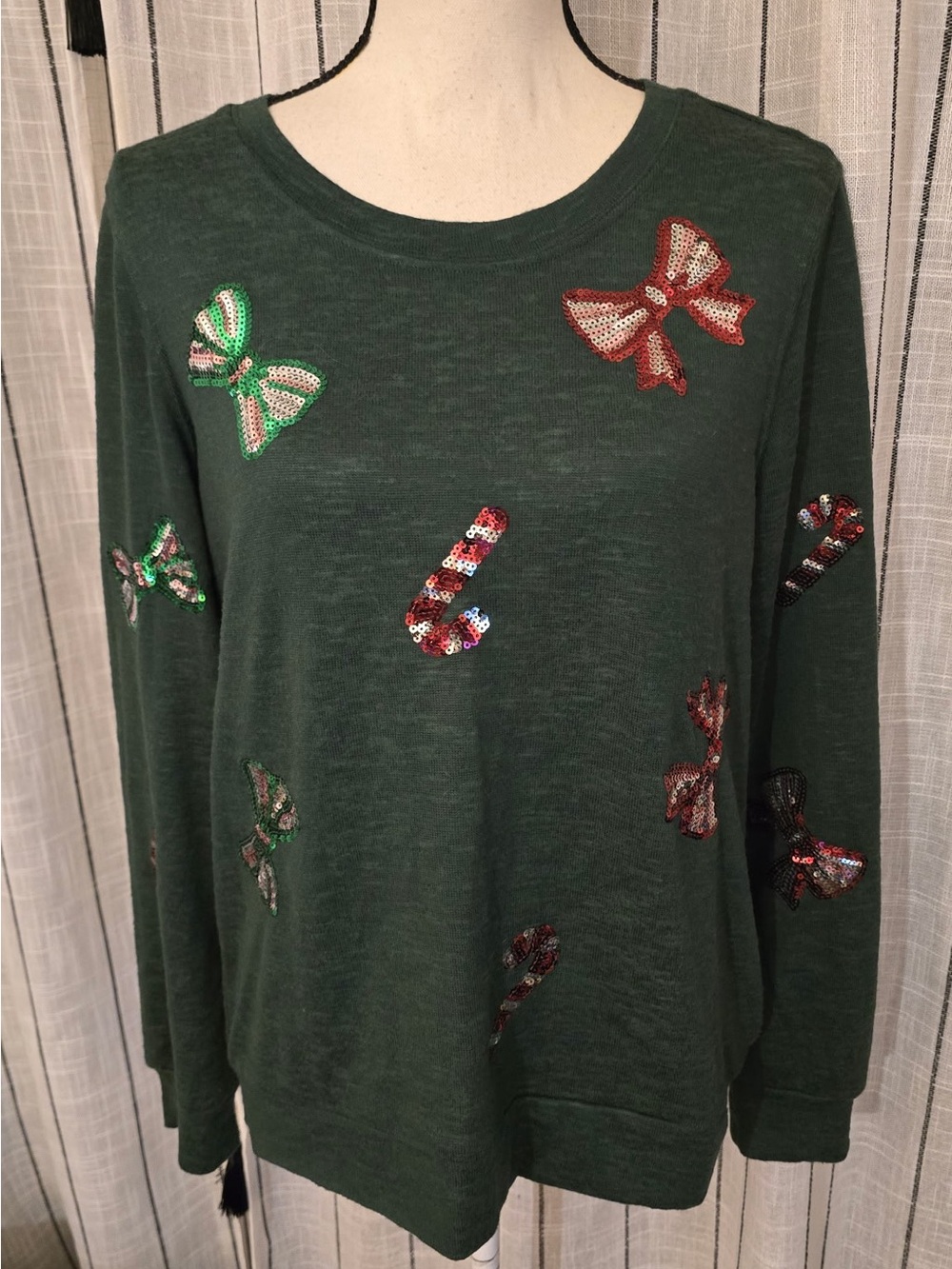 Russell Athletic Dark Green Sequin Bow & Candy Cane Sweatshirt